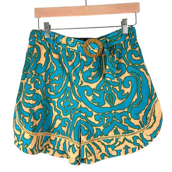 Anna Cate Lizzie Short Teal Peach Block Print Belted Cotton Summer Women's Small - Picture 3 of 14